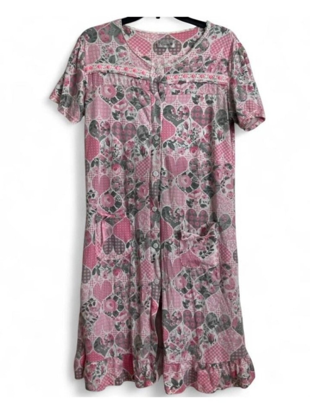Joan Vass Pink Gray Floral Heart Knit Nightgown Button Front Pockets M